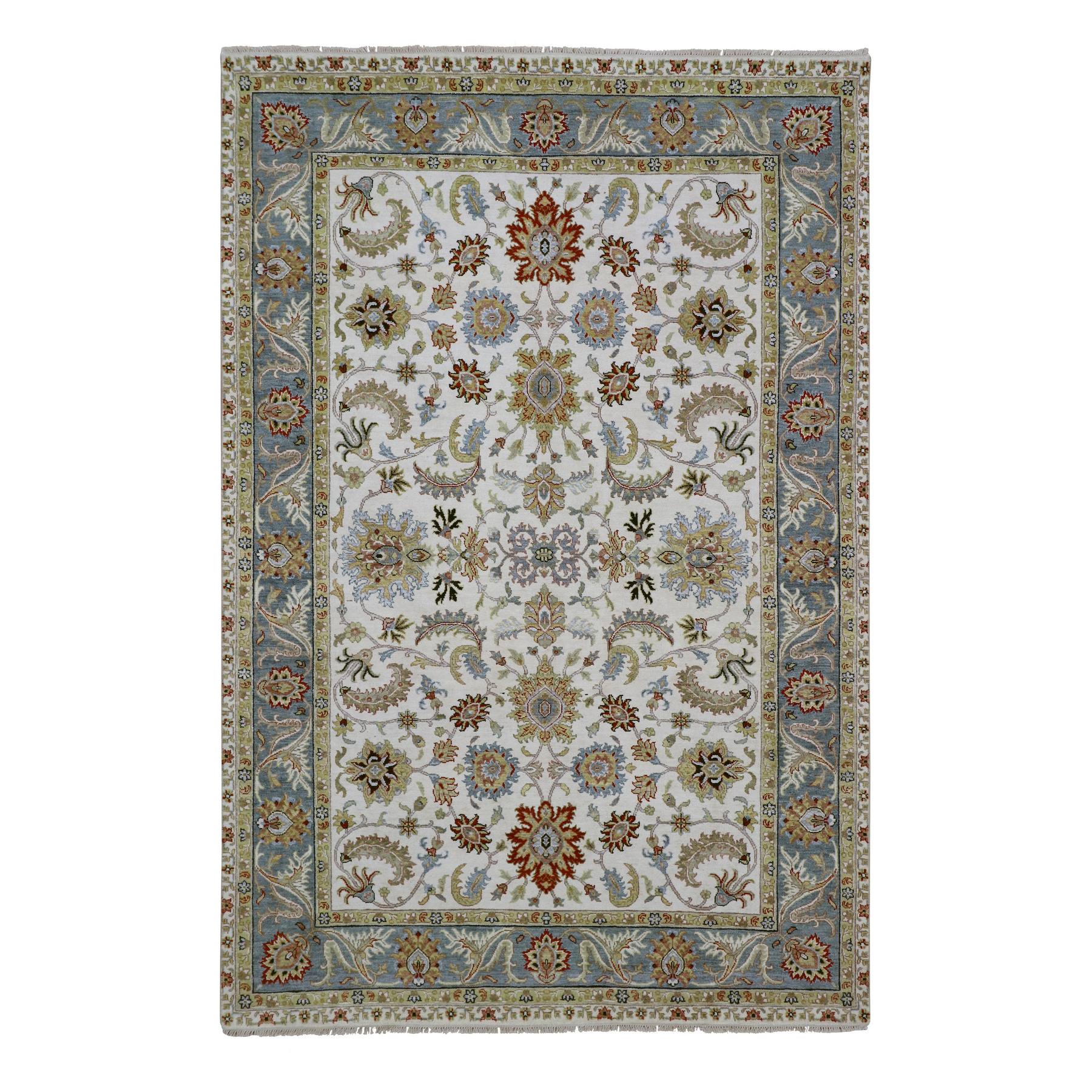 Daisy White, Agra with Ziegler Design, Colorful Leaf Pattern, Hand Knotted, Vegetable Dyes, Pure Wool, Oriental Rug